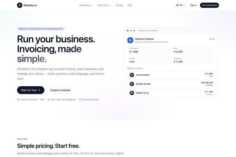 Monetra.cz invoicing platform homepage designed by Prague Design Studio