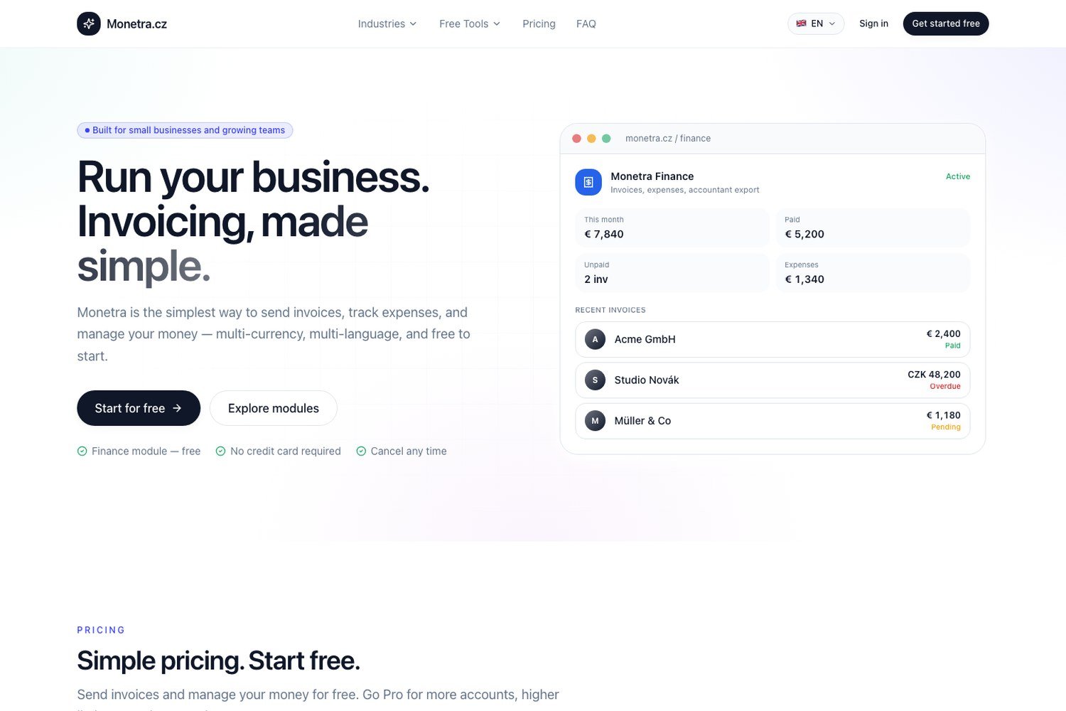 Monetra.cz invoicing platform homepage designed by Prague Design Studio