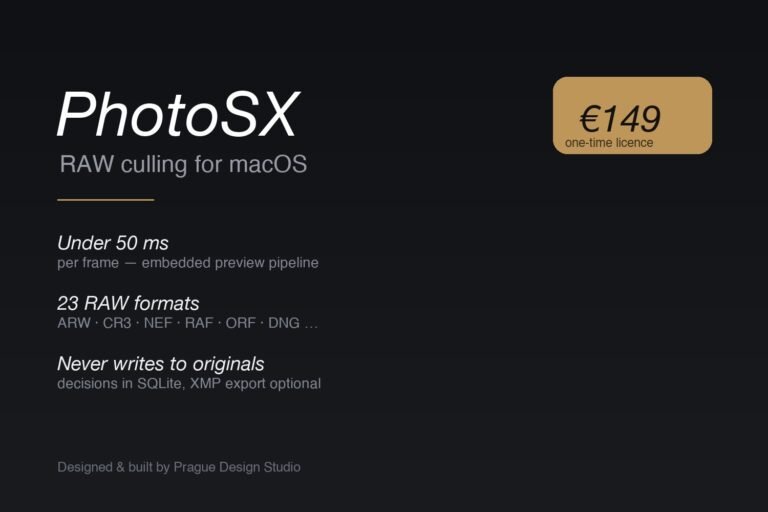 PhotoSX RAW culling app for macOS by Prague Design Studio — 149 EUR licence