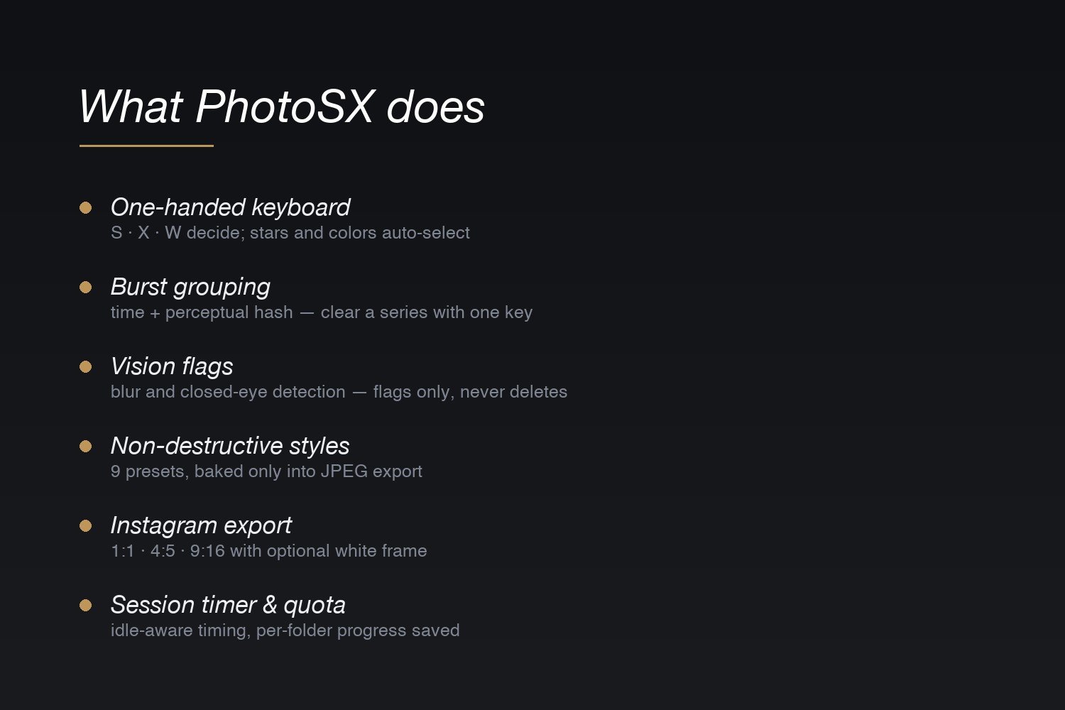 PhotoSX feature overview — keyboard culling, burst grouping, Vision flags