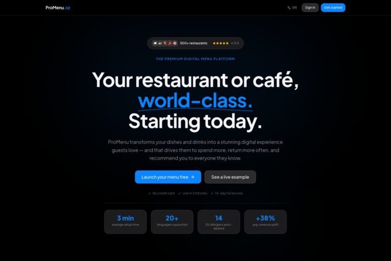 ProMenu.cz digital QR menu platform homepage designed by Prague Design Studio