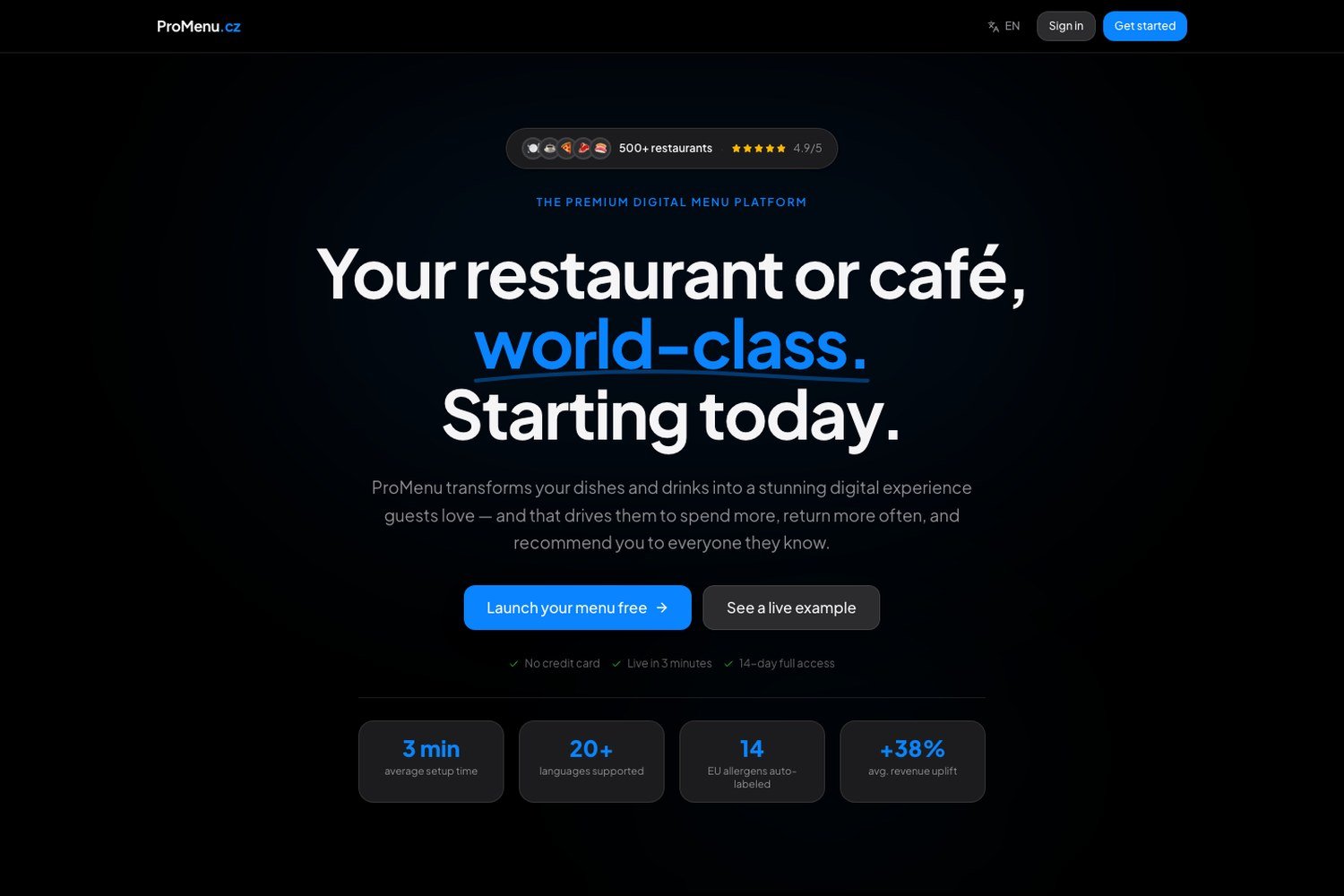 ProMenu.cz digital QR menu platform homepage designed by Prague Design Studio